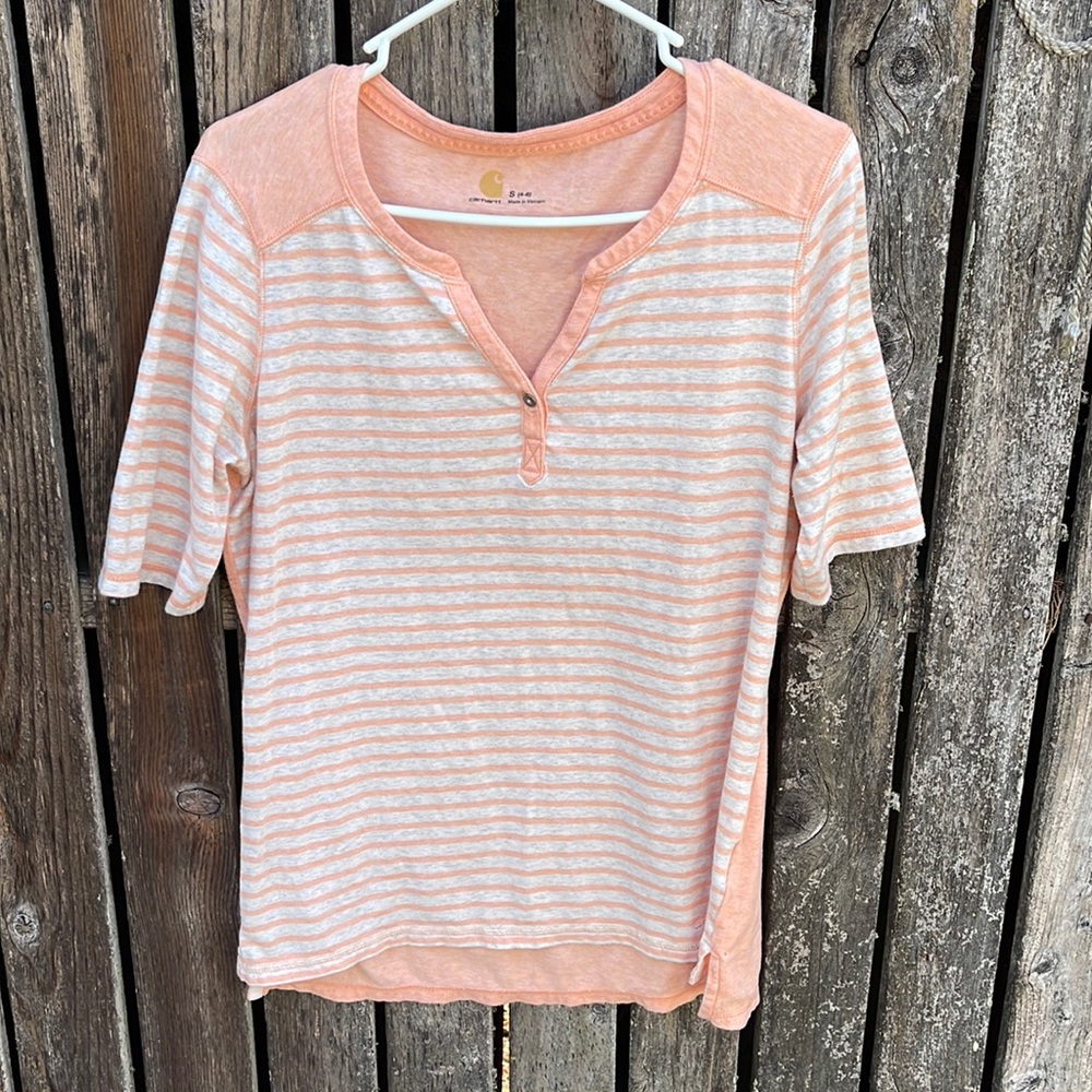 Carhartt Tee Small Stripes Melon and Gray Soft Henley Vneck Ladies Shirt T-shirt